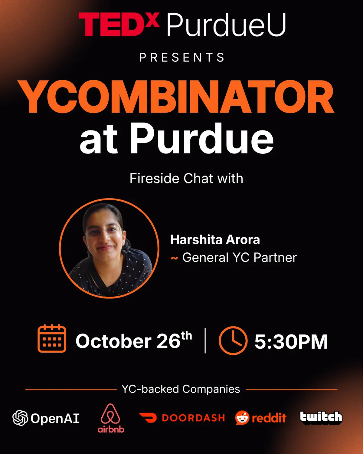 Flyer for Y Combinator at Purdue, a fireside chat with Harshita Arora, Oct 26 at 5:30 PM